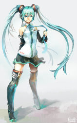 Rule 34 | 1girl, aqua eyes, aqua hair, boots, cocoaore, detached sleeves, hatsune miku, high heels, highres, long hair, looking at viewer, necktie, shoes, signature, skirt, smile, solo, standing, thigh boots, thighhighs, twintails, very long hair, vocaloid, zipper