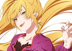 Rule 34 | 1girl, bad id, bad twitter id, blonde hair, jacket, long hair, looking at viewer, monogatari (series), ntend, aged up, open mouth, oshino shinobu, pointy ears, purple jacket, side ponytail, smile, solo, very long hair, yellow eyes