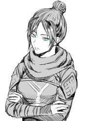 Rule 34 | 1girl, animification, apex legends, blue eyes, breasts, crossed arms, hair behind ear, hair bun, head tilt, looking down, medium breasts, meriko, monochrome, parted bangs, scarf, single hair bun, solo, spot color, upper body, white background, wraith (apex legends)