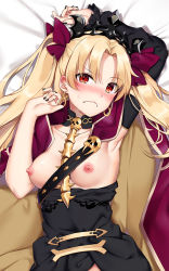 Rule 34 | 1girl, arm up, armpits, black dress, black nails, blonde hair, blush, breasts, breasts out, cape, closed mouth, clothes pull, detached sleeves, douya (233), dress, dress pull, earrings, ereshkigal (fate), fate/grand order, fate (series), frown, hair ribbon, hoop earrings, jewelry, long hair, looking at viewer, lying, medium breasts, nail polish, nipples, no bra, nose blush, on back, partially translated, purple cape, purple ribbon, red eyes, ribbon, single sleeve, skull, solo, sweat, tohsaka rin, translation request, twintails, wavy mouth