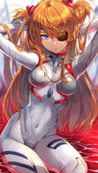 Rule 34 | 1girl, absurdres, arms up, blue eyes, bodysuit, breasts, collarbone, commentary request, covered navel, curvy, evangelion: 3.0+1.0 thrice upon a time, eyepatch, hands in hair, highres, iria (yumeirokingyo), lcl, long hair, looking at viewer, looking back, medium breasts, neon genesis evangelion, one eye covered, orange hair, parted lips, plugsuit, rebuild of evangelion, sitting, skin tight, solo, souryuu asuka langley, straight hair, twintails, two side up, very long hair, white bodysuit