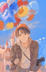 Rule 34 | 1boy, absurdres, amusement park, balloon, beanie, blue sky, brown coat, brown eyes, brown hair, brown sleeves, buttons, camera, castle, cloud, coat, collared coat, cowboy shot, day, ferris wheel, grey pants, grin, hat, heart balloon, highres, holding, holding balloon, hood, hood down, hoodie, leaning forward, long sleeves, looking at viewer, male focus, mukai kouji, open clothes, open coat, orange hat, outdoors, pants, parted bangs, pocket, qiji lajiao, real life, short hair, sky, smile, snow man (jpop), solo, star balloon, white hoodie