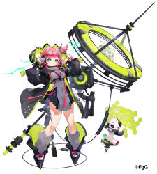 Rule 34 | 1girl, absurdres, black coat, black footwear, black horns, blue eyes, closed mouth, coat, covered navel, electricity, grey legwear, hakasesuitchi, headphones, highres, holographic interface, horns, long hair, looking at viewer, non-humanoid robot, open clothes, open coat, phantom of the kill, pink hair, robot, robot animal, science fiction, side ponytail, simple background, sitting, smile, standing, white background