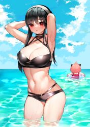Rule 34 | 2girls, :o, ahoge, anya (spy x family), armpits, arms up, bikini, black bikini, black choker, black hair, blue sky, blush, breasts, child, choker, cleavage, cloud, cowboy shot, earrings, facing away, female focus, gold earrings, hairband, highres, horn ornament, horns, innertube, jewelry, large breasts, long hair, looking at viewer, mother and daughter, multi-strapped bikini, multiple girls, navel, one-piece swimsuit, outdoors, parted lips, pink hair, rahato, red eyes, red one-piece swimsuit, short hair with long locks, sidelocks, skindentation, sky, solo focus, spy x family, stomach, swim ring, swimming, swimsuit, thighs, wading, water, wet, white hairband, yor briar
