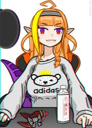 Rule 34 | 1girl, adidas, ahoge, asacoco, blonde hair, blunt bangs, bottle, bow, braid, casual, chair, chromatic aberration, closed mouth, dragon girl, dragon tail, gaming chair, hairband, highres, hololive, horn bow, horn ornament, horns, kiryu coco, long sleeves, looking at viewer, mouse (computer), multicolored eyes, multicolored hair, mutant dog, no horns, orange hair, pointy ears, purple eyes, red eyes, scales, simple background, single braid, sitting, solo, streaked hair, striped clothes, striped hairband, sweaty clothes, swivel chair, tail, twitter username, upper body, virtual youtuber, white background