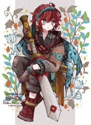 Rule 34 | 1boy, artist name, bloomminority, blue flower, brown eyes, fantasy, floral background, flower, highres, holding, holding sword, holding weapon, huge weapon, looking to the side, male focus, original, red hair, short hair, solo, star (symbol), steampunk, sword, twitter username, weapon, white background