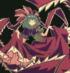 Rule 34 | 1girl, :&lt;, black background, closed mouth, cocokana, commentary request, corset, dress, feet out of frame, green eyes, green hair, hair ribbon, highres, kagiyama hina, long hair, looking at viewer, petticoat, puffy short sleeves, puffy sleeves, red dress, red ribbon, ribbon, ringed eyes, short sleeves, simple background, skirt hold, solo, touhou
