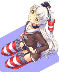 Rule 34 | 1boy, amatsukaze (kancolle), black panties, bulge, choker, clothes lift, commentary request, crossdressing, full body, garter straps, genderswap, genderswap (ftm), hair between eyes, highres, kantai collection, lifted by self, long hair, looking at viewer, open mouth, panties, skirt, skirt lift, thighhighs, trap, twintails, underwear, white hair, yellow eyes, yui sora