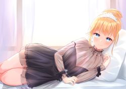 Rule 34 | 1girl, black dress, blonde hair, blue eyes, breasts, cleavage, closed mouth, collarbone, commentary, curtains, dress, earrings, english commentary, hand up, head on pillow, heckler kai, highres, hololive, hololive english, indoors, jewelry, large breasts, legs together, looking at viewer, lying, mole, mole on breast, official alternate costume, on bed, on side, pillow, see-through, smile, solo, strap slip, tiara, virtual youtuber, watson amelia, watson amelia (party dress)