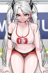 Rule 34 | absurdres, azur lane, bare shoulders, breasts, cleavage, crop top, from above, hair over one eye, headgear, highres, hip focus, large breasts, long hair, looking at viewer, looking up, medium breasts, micro shorts, midriff, multicolored hair, navel, notsushi, orange eyes, prinz eugen (azur lane), prinz eugen (brilliant touchdown) (azur lane), red hair, red shorts, shirt, shorts, sitting, sleeveless, sleeveless shirt, slit pupils, smile, stomach, streaked hair, thigh gap, thighs, two-tone hair, two side up, very long hair, white hair
