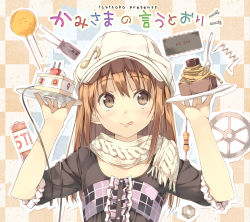Rule 34 | 1girl, :q, album cover, battery, brown eyes, brown hair, cable, capacitor, cd, checkered background, cover, electric plug, electronics engineering, fork, gears, hat, kantoku, microchip, musical note, nut (hardware), original, outline, plaid, quaver, resistor, scarf, screw, solo, tongue, tongue out, upper body, white outline, wire
