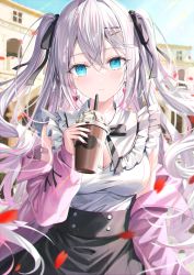 Rule 34 | 1girl, ahoge, blue eyes, blush, bow, breasts, cleavage, food, grey hair, hair bow, hair ornament, highres, holding, holding food, long hair, looking at viewer, original, petals, ribbon, rin yuu, rose petals, skirt, solo, twintails