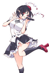 Rule 34 | 1girl, black hair, black skirt, black socks, breasts, collared shirt, commentary, foot out of frame, frilled skirt, frills, geta, hat, highres, holding, holding microphone, large breasts, microphone, open mouth, pointy ears, pom pom (clothes), raptor7, red eyes, red hat, shameimaru aya, shirt, short hair, short sleeves, simple background, skirt, smile, socks, solo, symbol-only commentary, tengu-geta, tokin hat, touhou, white background, white shirt