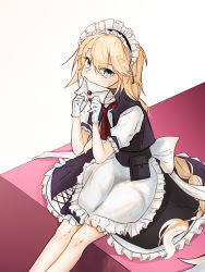 Rule 34 | 1girl, absurdres, apron, ascot, bad id, bad pixiv id, black skirt, black vest, blonde hair, blue eyes, commentary request, feet out of frame, frilled apron, frills, g36 (girls&#039; frontline), girls&#039; frontline, gloves, hair between eyes, hands up, highres, holding, holding letter, iantern, letter, long braid, long hair, looking at viewer, maid, maid headdress, petticoat, pouch, puffy short sleeves, puffy sleeves, red ascot, shirt, short sleeves, simple background, sitting, skirt, skirt set, solo, very long hair, vest, waist apron, white apron, white background, white gloves, white shirt