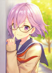 Rule 34 | 1girl, absurdres, alternate costume, blurry, blush, closed mouth, day, depth of field, fate/grand order, fate (series), glasses, hair over one eye, haru (hiyori-kohal), highres, huge filesize, index finger raised, looking at viewer, mash kyrielight, neckerchief, outdoors, purple eyes, purple hair, red neckerchief, scan, school uniform, serafuku, short hair, smile, solo, sweater, upper body
