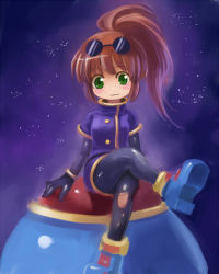 Rule 34 | 1girl, blush, brown hair, crossed legs, edobox, female focus, full body, gloves, gradient background, green eyes, long hair, night, outdoors, pantyhose, ponytail, precis neumann, shirt, shoes, sitting, skirt, sky, smile, solo, star ocean, star ocean the second story, sunglasses, sunglasses on head, torn clothes, torn pantyhose
