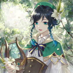 Rule 34 | 1boy, :d, beret, black hair, blue hair, brooch, cape, commentary request, duoyaoyao chuqiyu, flower, genshin impact, gradient hair, green cape, green eyes, green hat, hat, hat flower, holding, holding instrument, instrument, jewelry, long sleeves, looking at viewer, lyre, male focus, multicolored hair, open mouth, shirt, short hair, smile, solo, trap, twintails, upper body, venti (genshin impact), white flower, white shirt