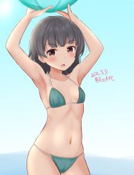 Rule 34 | 1girl, ame-san, arare (kancolle), armpits, arms up, ball, beachball, bikini, black hair, breasts, brown eyes, commentary request, contrapposto, cowboy shot, dated, green bikini, highres, kantai collection, looking at viewer, revision, short hair, small breasts, solo, standing, swimsuit, twitter username