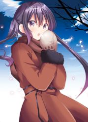 Rule 34 | 1girl, bare tree, breath, brown coat, brown mittens, brown scarf, coat, commentary request, day, fur-trimmed sleeves, fur trim, gochuumon wa usagi desu ka?, hair between eyes, hair ornament, hairclip, hands up, highres, kohakugin, long hair, long sleeves, looking at viewer, mittens, open mouth, outdoors, own hands together, purple eyes, purple hair, scarf, sidelocks, solo, tedeza rize, teeth, tree, twintails, upper teeth only, very long hair