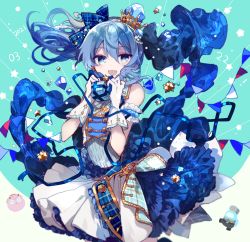 Rule 34 | 1girl, among us, blue eyes, blue hair, blue ribbon, commentary, crewmate (among us), crown, cyawa, dated, dress, gift, gloves, green background, hair between eyes, hair ribbon, happy, highres, holding, holding gift, hololive, hoshimachi suisei, layered skirt, looking at viewer, medium hair, mini crown, open mouth, plaid, plaid ribbon, ribbon, side ponytail, simple background, skirt, sleeveless, sleeveless dress, smile, solo, star (symbol), star in eye, string of flags, symbol in eye, virtual youtuber, wavy hair, white background, white dress, white gloves