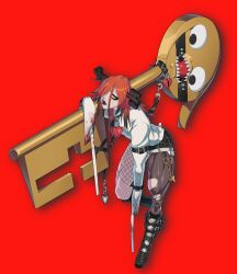 Rule 34 | 1girl, a.b.a, absurdres, bags under eyes, belt, blood, boots, chain, deadset future, green eyes, guilty gear, guilty gear strive, hair over one eye, highres, homunculus, key, key in head, object through head, pale skin, pantyhose, paracelsus (guilty gear), red background, red hair, redesign, thighhighs, torn clothes, torn pantyhose, weapon