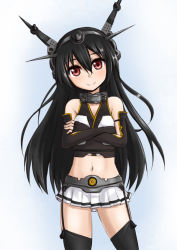 Rule 34 | 10s, 1girl, bad id, bad pixiv id, black hair, crossed arms, garter straps, hairband, kantai collection, long hair, looking at viewer, midriff, nagato (kancolle), navel, personification, red eyes, silent sakia, smile, solo, thighhighs, aged down