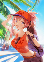Rule 34 | 1girl, asymmetrical hair, beach, blue eyes, breasts, casual, collarbone, day, earrings, fate/grand order, fate (series), glasses, hair ornament, hat, highres, jewelry, lare, large breasts, midriff, miyamoto musashi (fate), navel, open mouth, outdoors, palm leaf, palm tree, palms, pink hair, ponytail, shirt, solo, sunglasses, t-shirt, tree
