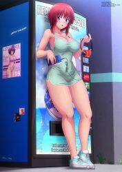 Rule 34 | 1girl, 7up, absurdres, blue footwear, blush, breasts, cassette player, cleavage, coca-cola, collarbone, cover, dress, graffiti, grass, green dress, headphones, highres, holding, large breasts, looking at viewer, magazine cover, naomi kokoro, open mouth, pepsi, poster (object), purple eyes, red hair, shoes, short hair, sleeveless, sleeveless dress, sneakers, sony, standing, vending machine, walkman, yukino akaihi, yukino memories, zel-sama