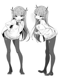 Rule 34 | 1girl, absurdres, bow, bowtie, breasts, contrapposto, greyscale, hair ribbon, highres, leaning forward, loafers, long hair, long sleeves, medium breasts, miniskirt, monochrome, multiple views, original, pantyhose, pleated skirt, ribbon, school uniform, shoes, skirt, standing, sweater, takakura, tongue, tongue out, twintails