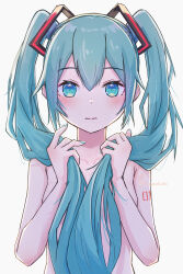 Rule 34 | 1girl, blue eyes, blue hair, blush, breasts, covering breasts, covering privates, hair ornament, hatsune miku, highres, holding, holding hair, long hair, looking at viewer, nail polish, nude, small breasts, solo, twintails, upper body, very long hair, vocaloid, yasuno-labo