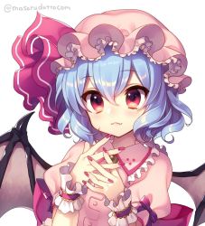 Rule 34 | 1girl, arm garter, bat wings, blue hair, blush, brooch, closed mouth, fang, frilled shirt collar, frills, hat, hat ribbon, interlocked fingers, jewelry, looking at viewer, masaru.jp, mob cap, nail polish, pink shirt, puffy short sleeves, puffy sleeves, red eyes, red nails, red ribbon, remilia scarlet, ribbon, shirt, short hair, short sleeves, solo, touhou, twitter username, upper body, white background, wings, wrist cuffs
