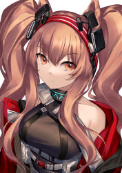 Rule 34 | 1girl, angelina (arknights), angelina (distinguished visitor) (arknights), animal ears, arknights, bare shoulders, belt, breasts, brown eyes, brown hair, commentary, fox ears, hair between eyes, hairband, highres, long hair, looking at viewer, medium breasts, official alternate costume, red hairband, simple background, solo, twintails, upper body, wakamepiza, white background, white belt