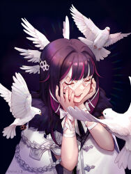 Rule 34 | 1girl, bird, black hair, bow, closed eyes, coat, columbina (genshin impact), dark background, dove, eye mask, fur-trimmed coat, fur trim, genshin impact, hands on own face, hands up, highres, kirsty (kirue t), multicolored hair, pink hair, smile, solo, streaked hair, teeth, two-tone hair, upper body, upper teeth only, white bow, white coat, white mask, wing hair ornament, wrist bow