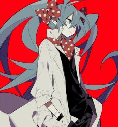 Rule 34 | 1girl, alternate costume, black pants, black shirt, blue eyes, blue hair, expressionless, flat chest, floating hair, hair over one eye, hair ribbon, half-closed eyes, hands in pockets, hatsune miku, higa423, lab coat, long hair, looking away, pants, polka dot, polka dot neckwear, polka dot ribbon, red background, red ribbon, ribbon, shaded face, shirt, simple background, solo, standing, stitches, twintails, upper body, very long hair, vocaloid