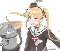 Rule 34 | 1girl, :d, amatsukaze (kancolle), amatsukaze (kancolle) (cosplay), artist name, bad id, bad twitter id, blonde hair, blue eyes, blush, commentary request, cosplay, crossover, fang, hat, kantai collection, lifebuoy, long hair, long sleeves, mini hat, open mouth, rensouhou-kun, retorillo, saenai heroine no sodatekata, sailor collar, sawamura spencer eriri, simple background, smile, swim ring, twintails, upper body, v-shaped eyebrows, white background