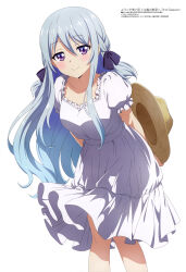 Rule 34 | 1girl, absurdres, arms behind back, blue hair, blush, closed mouth, collarbone, dress, gradient hair, hair between eyes, hair ornament, hat, highres, holding, holding clothes, holding hat, long hair, looking at viewer, magazine scan, megami magazine, multicolored hair, official art, purple eyes, scan, shiina hiyori, sidelocks, simple background, smile, solo, standing, sun hat, sundress, white background, youkoso jitsuryoku shijou shugi no kyoushitsu e