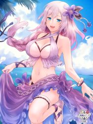 Rule 34 | 1girl, bangle, bikini, blue eyes, blue sky, bracelet, braid, breasts, cleavage, cloud, day, flower, hair flower, hair ornament, jewelry, large breasts, light purple hair, long hair, low-tied long hair, navel, official art, omc, open mouth, outdoors, sandals, single braid, sky, smile, solo, standing, standing on one leg, swimsuit, thigh strap, tukune, watermark, white bikini