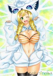 Rule 34 | 1girl, ;d, alolan form, alolan vulpix, alternate breast size, artist name, bikini, bikini top only, black thighhighs, blonde hair, blush, braid, breasts, bright pupils, cleavage, costume, creatures (company), game freak, gen 7 pokemon, green eyes, hair tie, highres, large breasts, lillie (pokemon), long hair, long sleeves, looking at viewer, marker (medium), navel, nintendo, one eye closed, open clothes, open mouth, pocket, pokemon, pokemon (anime), pokemon sm, pokemon sm (anime), sleeves past wrists, smile, solo, star (symbol), stomach, striped bikini, striped clothes, swimsuit, takecha, tareme, thigh gap, thighhighs, traditional media, twin braids, unzipped, wink