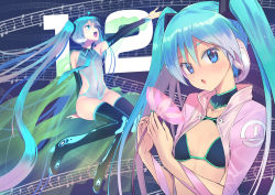 Rule 34 | 1girl, ahoge, aqua eyes, aqua hair, arm warmers, bikini, bikini top only, black footwear, blush, boots, breasts, choker, commentary request, covered navel, flower, green nails, hair between eyes, hatsune miku, headphones, headset, jacket, koume keito, leotard, long hair, looking at viewer, nail polish, necktie, open mouth, sleeveless, small breasts, solo, swimsuit, thigh boots, thighhighs, twintails, very long hair, vocaloid