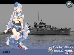 Rule 34 | 1girl, bad id, bad pixiv id, black shorts, blue footwear, blue hat, boots, breasts, broken, cannon, character name, copyright name, damaged, full body, garrison cap, green eyes, hair ornament, hairclip, hat, heiyz, hoel (warship girls r), long hair, looking at viewer, machinery, military, military vehicle, name connection, object namesake, official art, one eye closed, open mouth, photo background, ponytail, sailor collar, ship, shirt, short sleeves, shorts, silver hair, solo, teeth, text focus, torn clothes, torpedo, turret, uss hoel (dd-533), very long hair, warhship, warship, warship girls r, watercraft, white shirt