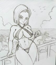 Rule 34 | 1girl, android 18, artist request, bikini, bikini top only, breasts, dragon ball, dragon ball super, dragonball z, female focus, highres, large breasts, looking at viewer, mature female, panties, presenting, removing panties, sexually suggestive, short hair, smile, solo, standing, swimsuit, underwear