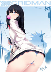 Rule 34 | 10s, 1girl, ass, bad id, bad pixiv id, black hair, black skirt, blue eyes, bow, bowtie, blowing bubbles, cardigan, cellphone, chewing gum, commentary request, commission, copyright name, earphones, gainoob, gridman universe, holding, holding phone, long hair, long sleeves, looking at viewer, looking back, panties, pantyshot, phone, pleated skirt, red bow, school uniform, signature, skirt, solo, ssss.gridman, standing, striped clothes, striped panties, takarada rikka, thick thighs, thighs, underwear, white cardigan, wide hips