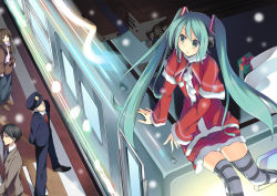 Rule 34 | 2boys, 2girls, aqua eyes, aqua hair, bad id, bad pixiv id, blush, capelet, formal, fur trim, hair ornament, hat, hatsune miku, long hair, long sleeves, looking at another, multiple boys, multiple girls, murano, parted lips, peaked cap, pom pom (clothes), santa costume, scarf, sitting, snowing, solo focus, striped clothes, striped legwear, striped thighhighs, suit, thighhighs, train, train station, vocaloid