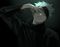 Rule 34 | 1boy, arm up, bad id, bad pixiv id, black background, black jacket, blindfold, blindfold lift, blue eyes, closed mouth, eyelashes, gojou satoru, gradient background, hand on own face, high collar, highres, jacket, jujutsu kaisen, kuro (grf), long sleeves, looking at viewer, male focus, one eye closed, short hair, solo, upper body, white hair