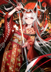 Rule 34 | 1girl, absurdres, animal ears, closed mouth, floral print, hair between eyes, hand up, highres, holding, holding sword, holding weapon, japanese clothes, kimono, lack, long hair, looking at viewer, multicolored hair, obi, original, red eyes, red hair, sash, second-party source, sheath, solo, streaked hair, sword, two-tone hair, unsheathing, weapon, white hair