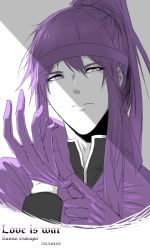 Rule 34 | 1boy, adjusting clothes, adjusting gloves, buzhengjing zhi bi, character name, commentary, dated, english commentary, english text, gloves, highres, kamui gakupo, looking at viewer, male focus, monochrome, ponytail, portrait, purple eyes, purple gloves, purple hair, purple shirt, putting on gloves, shirt, sidelocks, solo, vocaloid