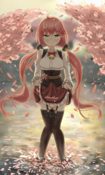 Rule 34 | 1girl, absurdres, ahoge, asakura (asa t77), bell, black thighhighs, blurry, blurry background, blush, breasts, cherry blossoms, clothes lift, commentary request, detached sleeves, garter straps, green eyes, grimace, hair between eyes, hair ornament, hairclip, highres, hololive, knees together feet apart, lifting own clothes, long hair, looking at viewer, low twintails, medium breasts, neck bell, neck ribbon, petals, petals on liquid, pink hair, plaid, plaid skirt, red ribbon, ribbon, sakura miko, sakura miko (casual), skirt, skirt basket, skirt lift, solo, standing, thighhighs, twintails, underbust, very long hair, virtual youtuber, wading
