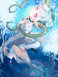 Rule 34 | 1girl, :&lt;, aqua dress, aqua hair, black choker, braid, breasts, choker, closed mouth, commentary, crown braid, curled horns, dragon girl, dragon horns, dragon tail, dress, fate/grand order, fate (series), flower, gem, gluteal fold, highres, horns, larva tiamat (fate), larva tiamat (first ascension) (fate), long sleeves, looking at viewer, noi noakei, petals, pink eyes, pink flower, pointy ears, short hair, small breasts, solo, striped clothes, striped dress, symbol-shaped pupils, tail, tiamat (fate), twitter username, x-shaped pupils, x x