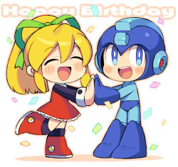 Rule 34 | 1boy, 1girl, :d, ^ ^, android, blonde hair, blue bodysuit, blue eyes, blue footwear, blue headwear, bodysuit, boots, chibi, closed eyes, commentary request, confetti, dress, english text, closed eyes, full body, green ribbon, hair between eyes, hair ribbon, happy, happy birthday, helmet, holding hands, iroyopon, long hair, long sleeves, looking at viewer, mega man (character), mega man (classic), mega man (series), open mouth, ponytail, red dress, red footwear, ribbon, roll (mega man), smile, standing, teeth, upper teeth only, white background