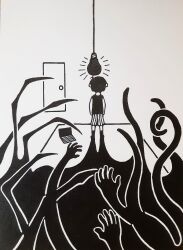 Rule 34 | computer, disembodied hand, door, facing away, greyscale, indoors, laptop, light bulb, monochrome, omori, shadow, standing, tentacles, tenteyu, traditional media, white background